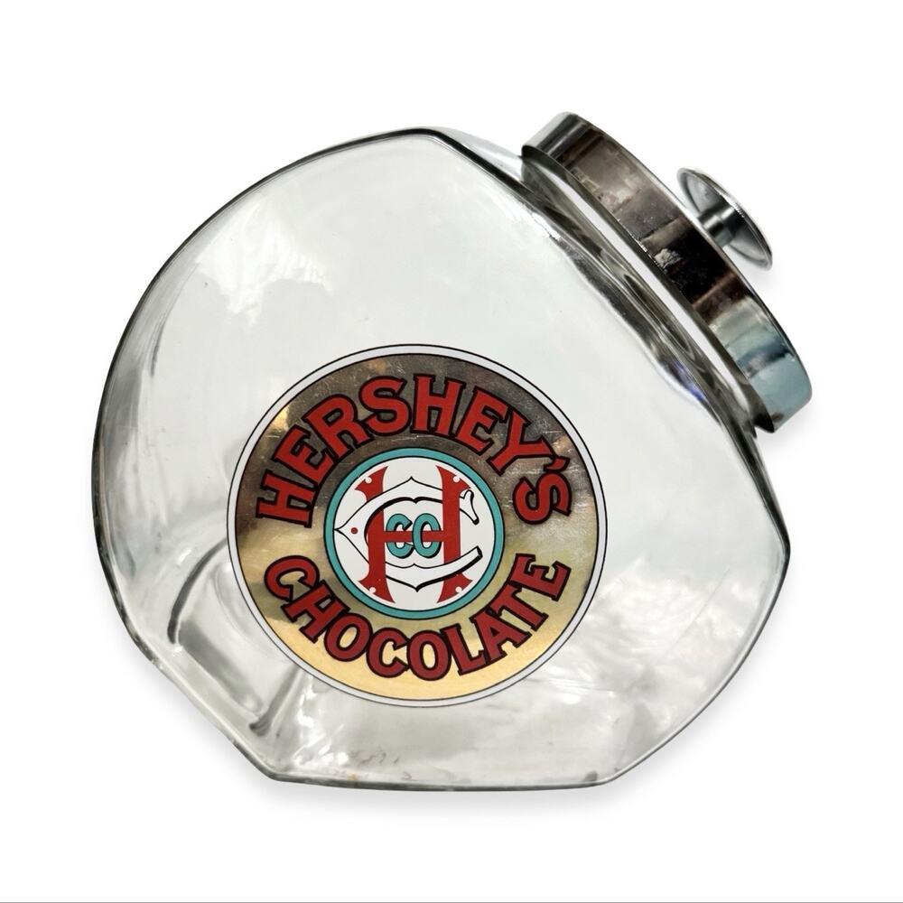 Vintage 1980s Hershey’s Chocolate Glass Tilt Candy Jar Chrome Lid Advertising - Picture 2 of 10